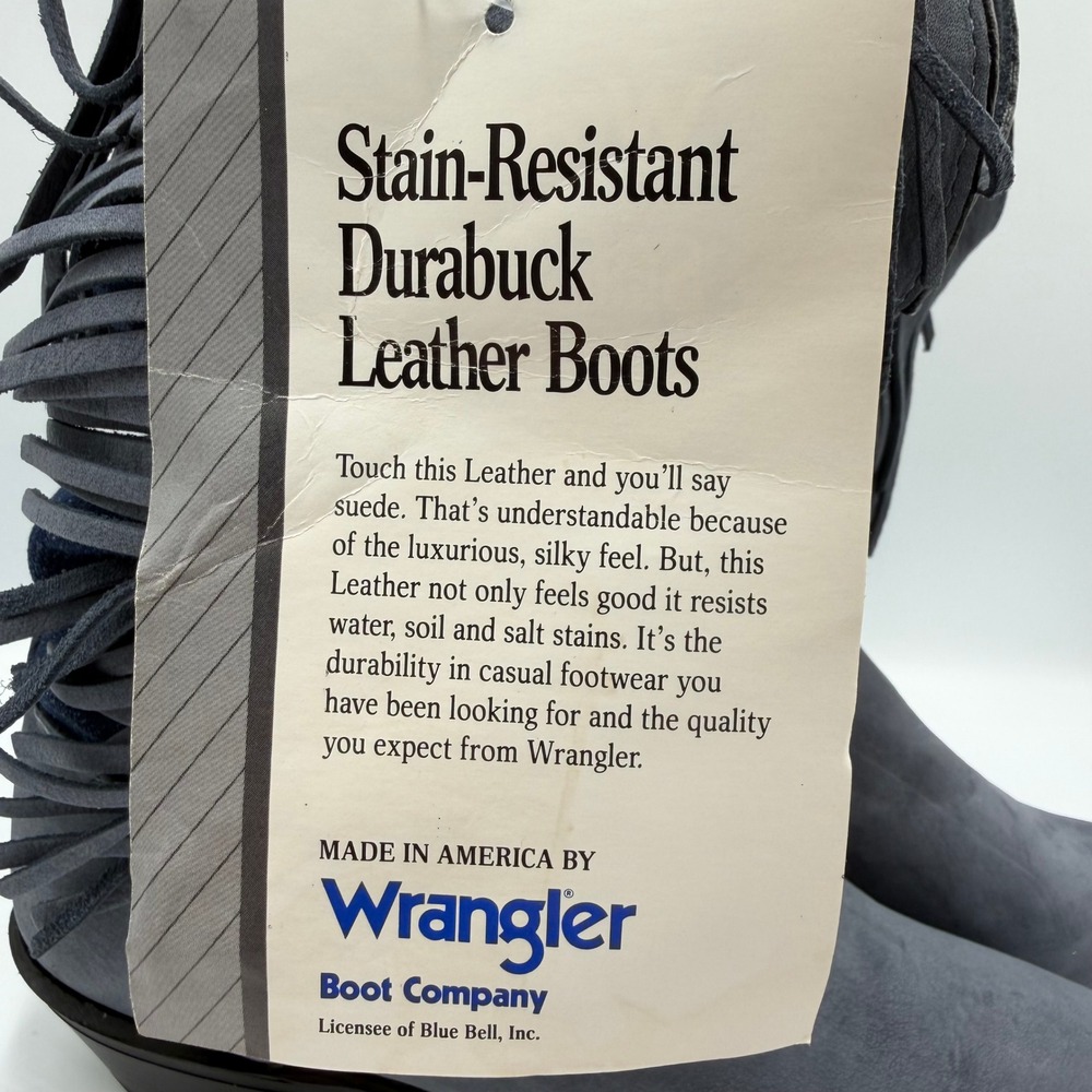 Vtg Wrangler Womens Durabuck Leather Fringe Western Boots Navy Blue Denim NEW - Picture 3 of 12